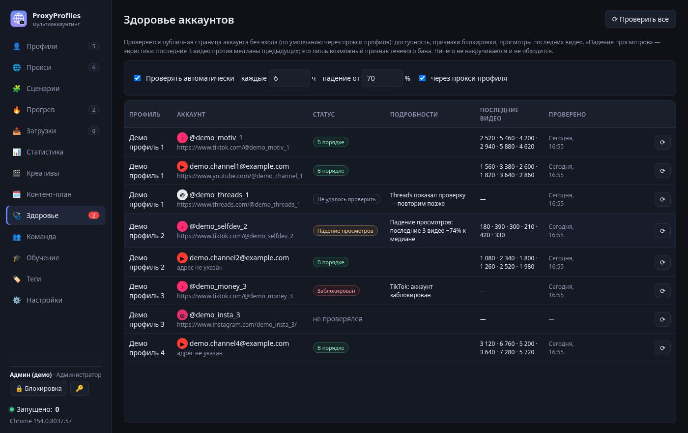 Здоровье аккаунтов